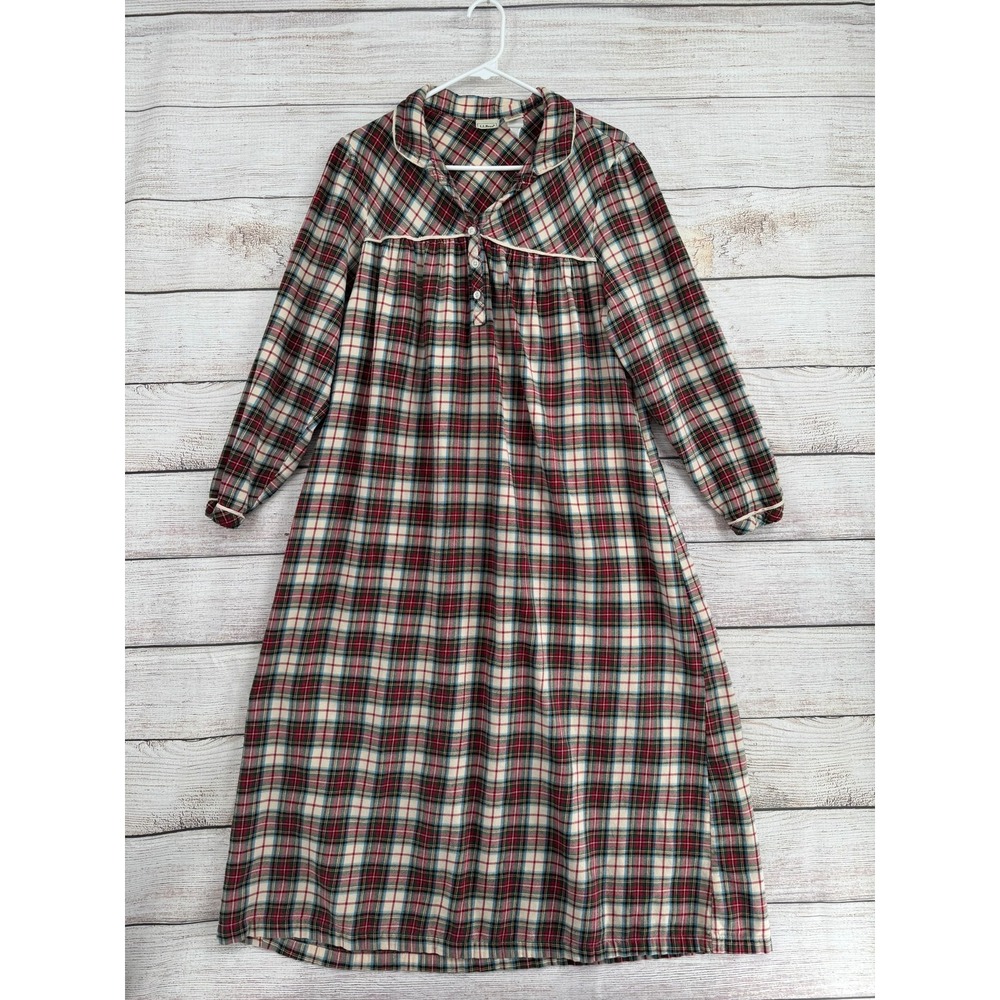 L.L. Bean Nightgown Women L Red Plaid Cotton Flannel Long Sleeve 211760
